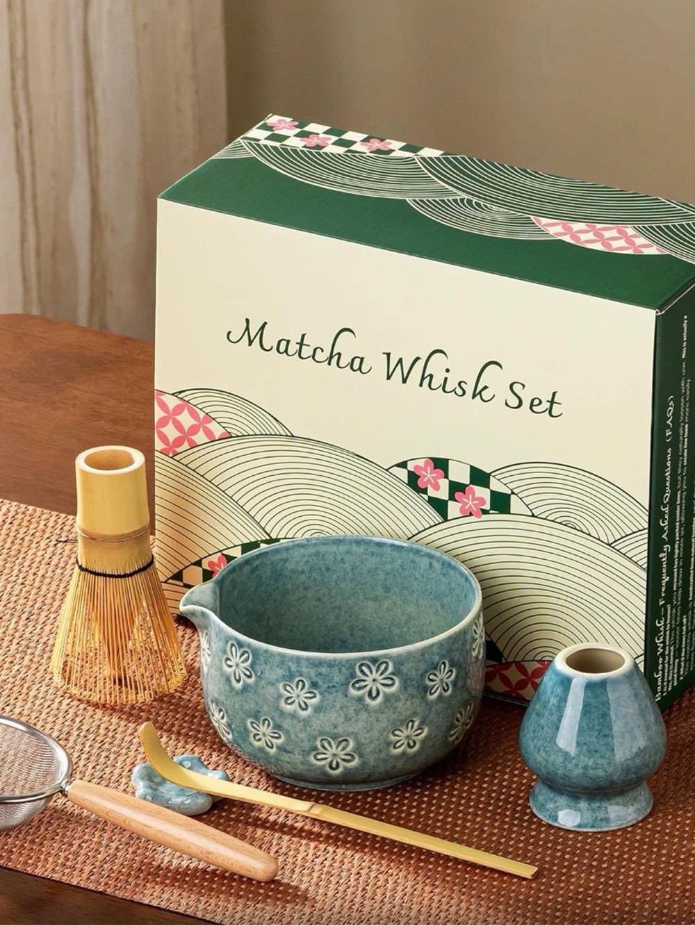 Blue Floral Ceramic Matcha Bowl Set NEW - Picture 7 of 8